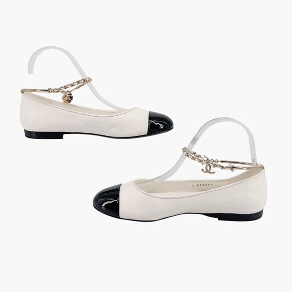 Chanel CC Camellia Ankle Chain White Cap Toe Ballet Flats Size 37.5 US 6.5-7 - Picture 9 of 15